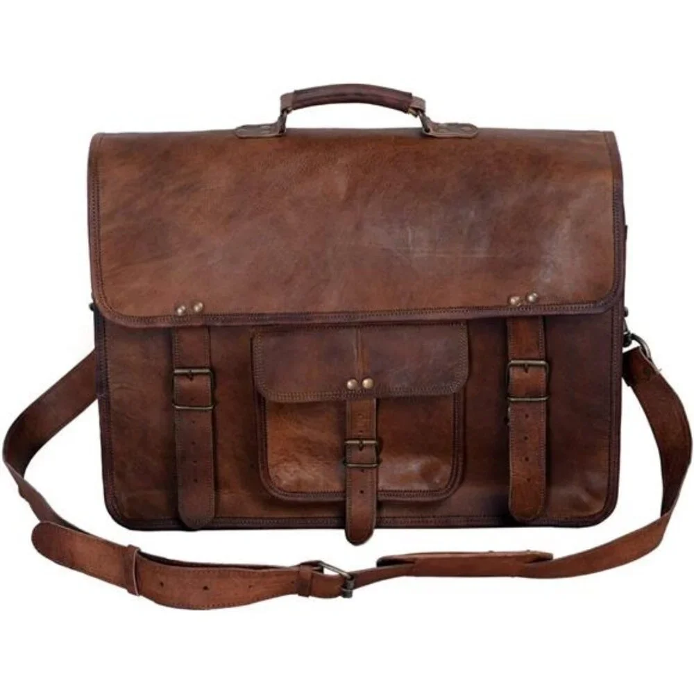 Leather Briefcase 18 inch laptop Messenger Shoulder Bag Office Satchel Brown